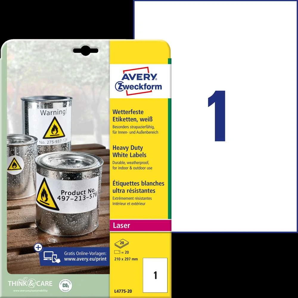 Lipnios etiketės Avery Zweckform A4, atsparios drėgmei, 210x297mm, 1 etiketė lape, 20 lapų, permanentinės, baltos spalvos