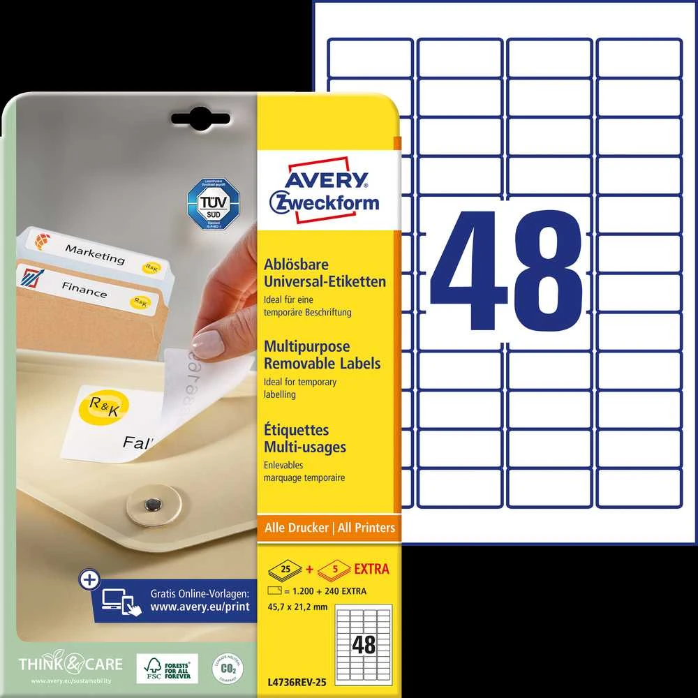 Lipnios etiketės Avery Zweckform, A4, nuimamos, 45.7×21.2mm, 48 etiketės lape, 25 lapai