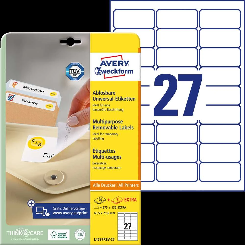 Lipnios etiketės Avery Zweckform, A4, nuimamos, 63.5×29.6mm, 27 etiketės lape, 25 lapai