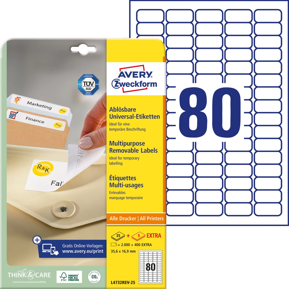 Lipnios etiketės Avery Zweckform, A4, nuimamos, 35.6×16.9mm, 25 lapai, baltos spalvos