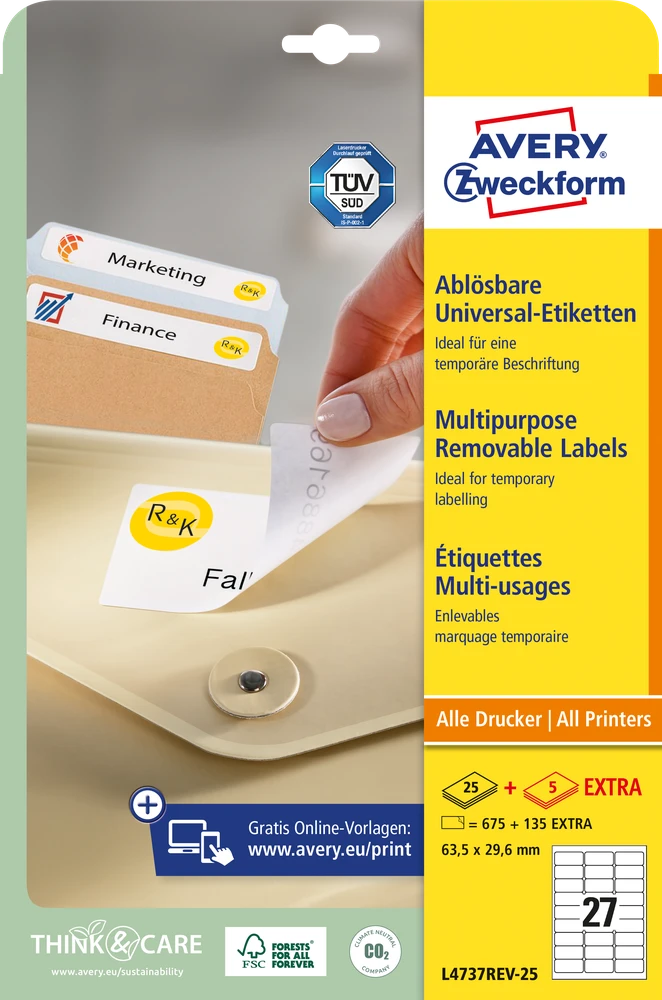 Lipnios etiketės Avery Zweckform, A4, nuimamos, 63.5×29.6mm, 27 etiketės lape, 25 lapai