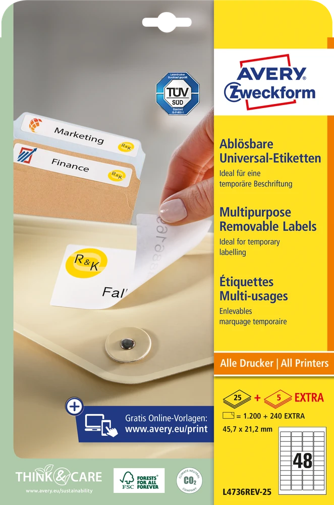Lipnios etiketės Avery Zweckform, A4, nuimamos, 45.7×21.2mm, 48 etiketės lape, 25 lapai