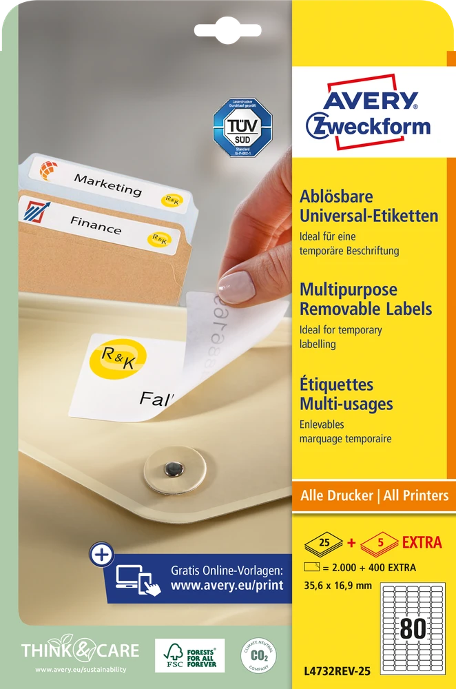 Lipnios etiketės Avery Zweckform, A4, nuimamos, 35.6×16.9mm, 25 lapai, baltos spalvos