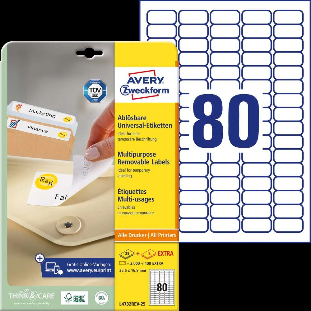 Lipnios etiketės Avery Zweckform, A4, nuimamos, 35.6×16.9mm, 25 lapai, baltos spalvos