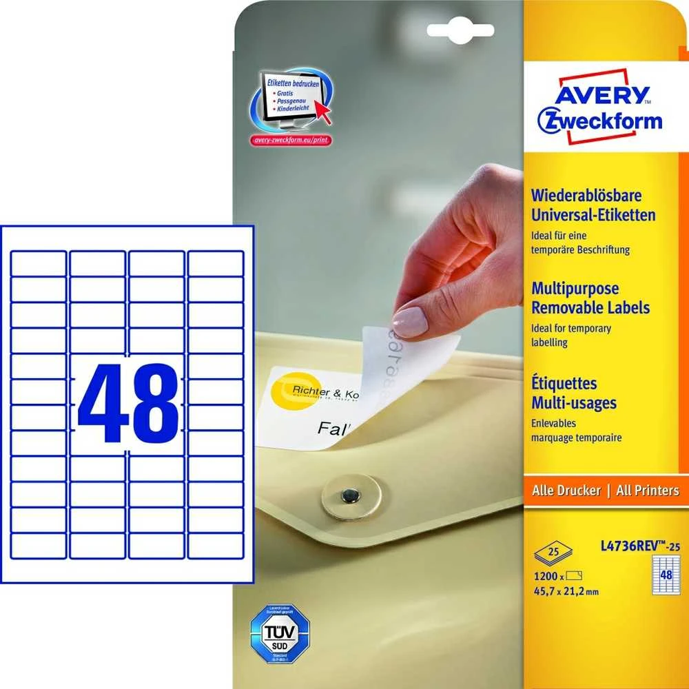 Lipnios etiketės Avery Zweckform, A4, nuimamos, 45.7×21.2mm, 48 etiketės lape, 25 lapai