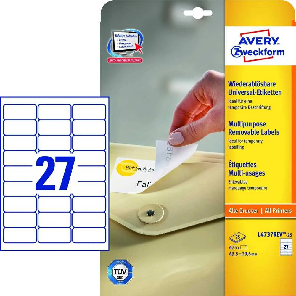 Lipnios etiketės Avery Zweckform, A4, nuimamos, 63.5×29.6mm, 27 etiketės lape, 25 lapai