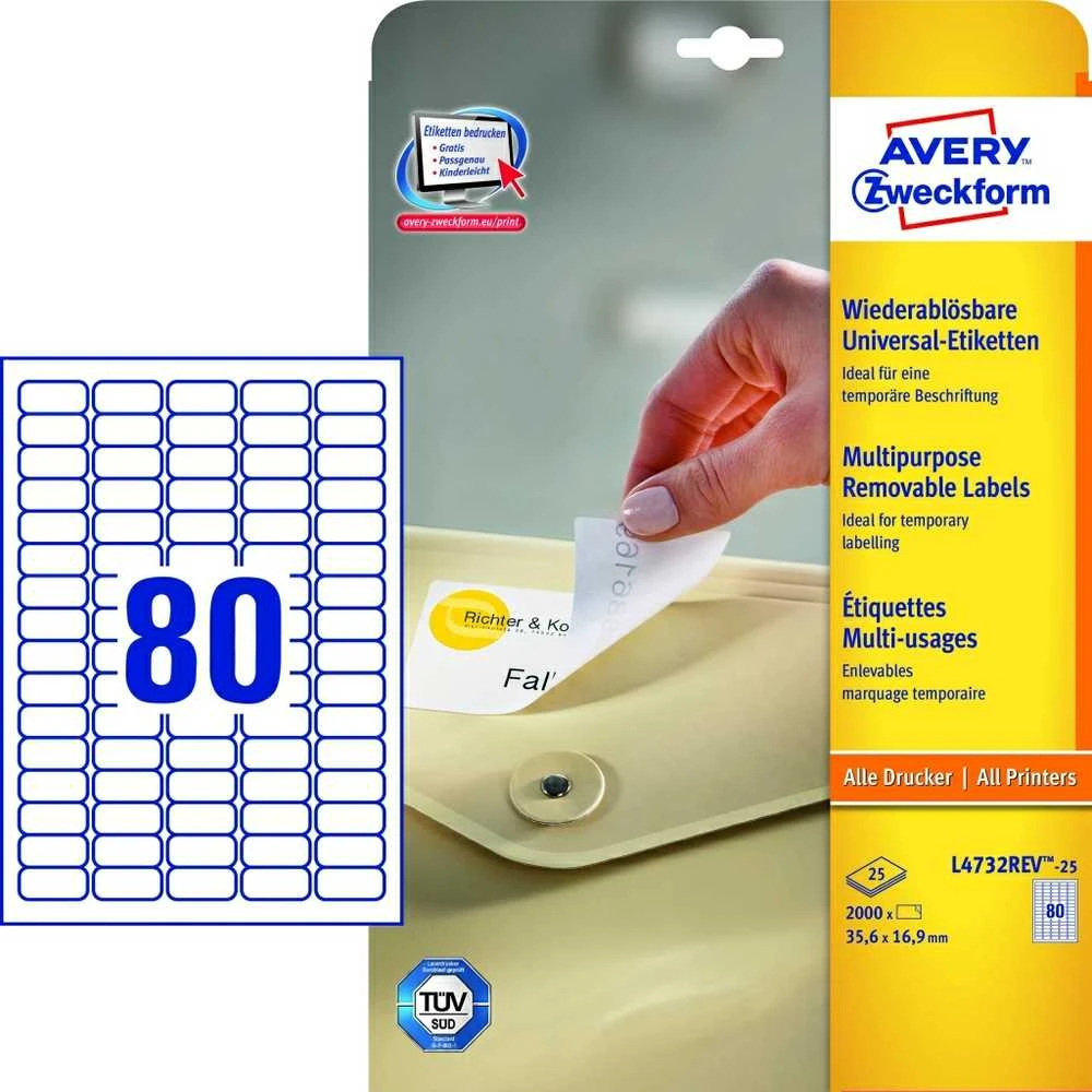 Lipnios etiketės Avery Zweckform, A4, nuimamos, 35.6×16.9mm, 25 lapai, baltos spalvos