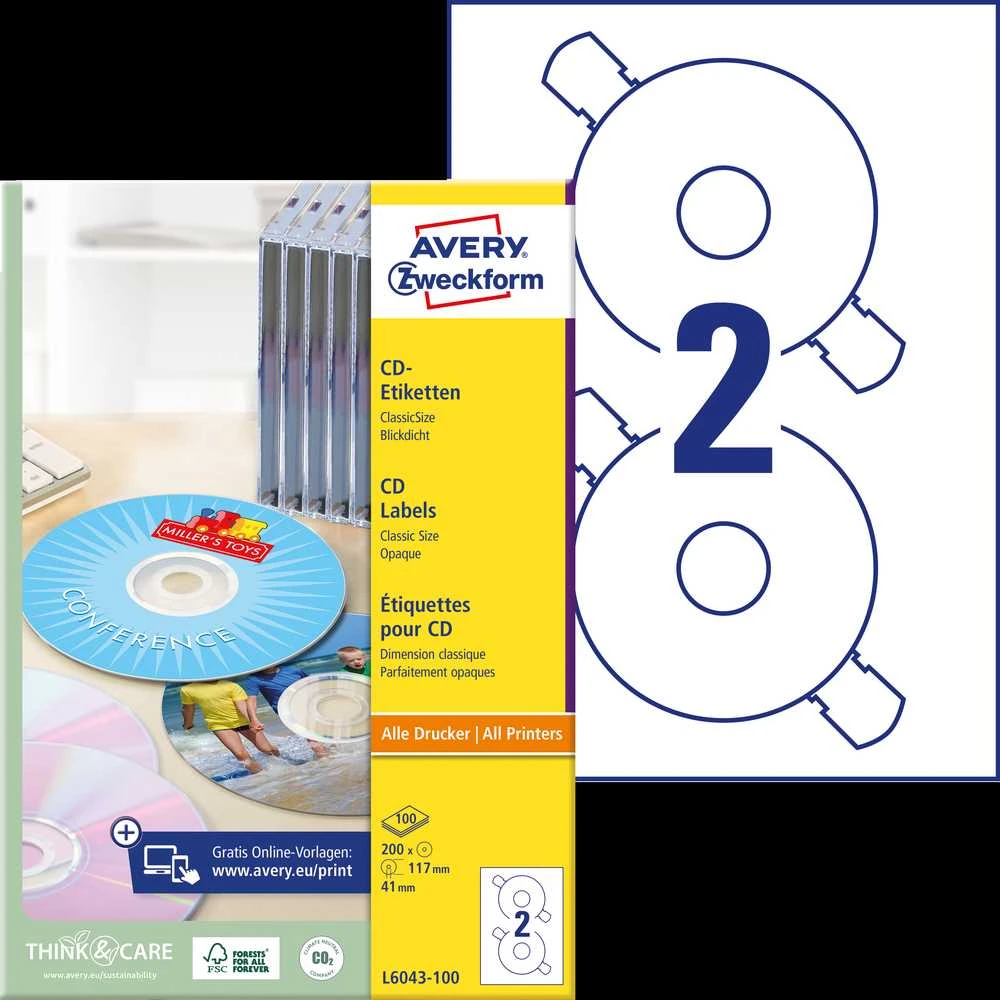 Lipnios etiketės Avery Zweckform CD, A4, 117mm, 2 etiketės lape, 100 lapų, baltos spalvos