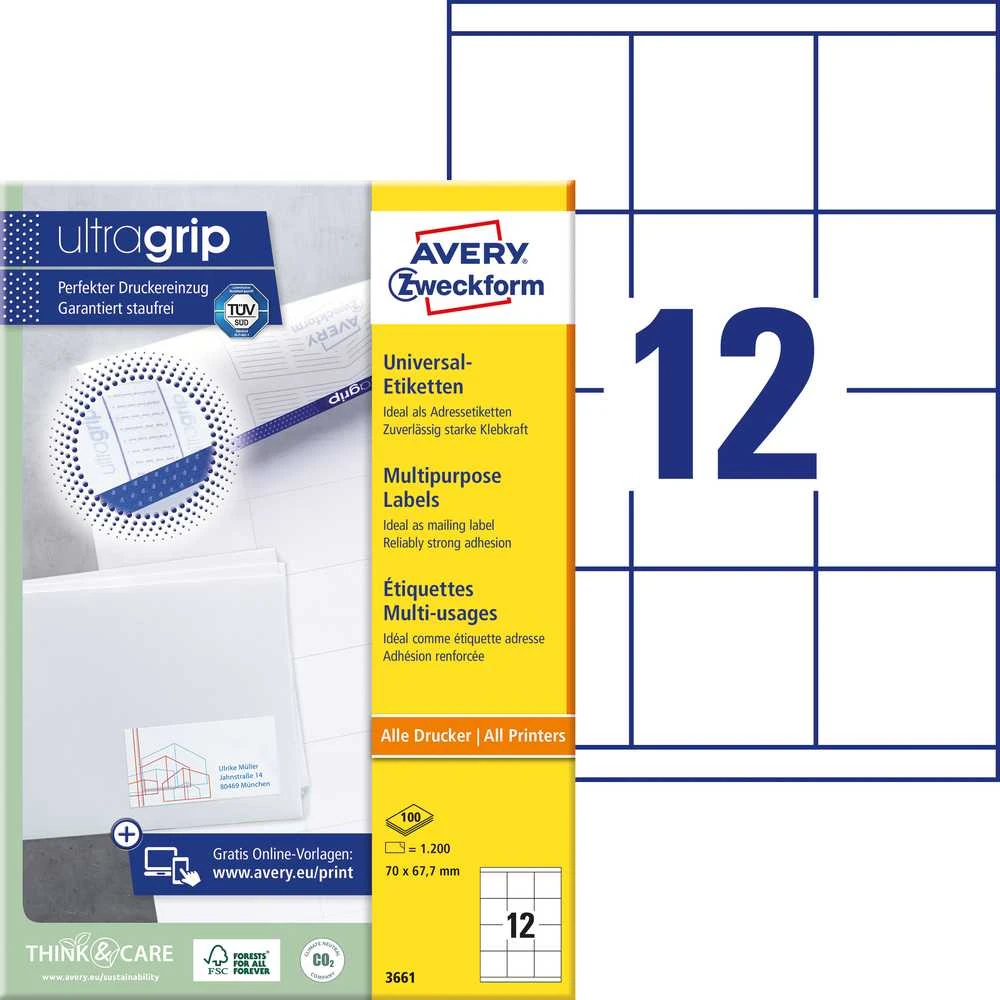 Lipnios etiketės Avery Zwerckform, A4, 70×67,7mm, 12 etikečių lape, 100 lapų, baltos spalvos
