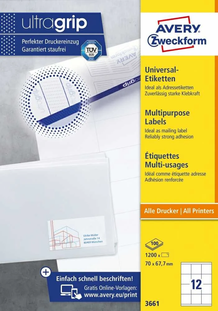 Lipnios etiketės Avery Zwerckform, A4, 70×67,7mm, 12 etikečių lape, 100 lapų, baltos spalvos