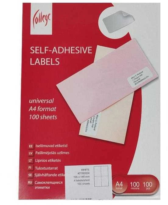 Lipnios etiketės College, A4, 38×21,2mm, 65 etiketės lape, 100 lapų, baltos spalvos