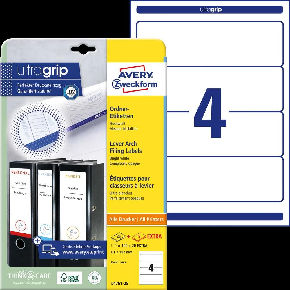 Lipnios etiketės segtuvams Avery Zweckform, A4, 192x61mm, pakuotėje 25 lapai, baltos spalvos