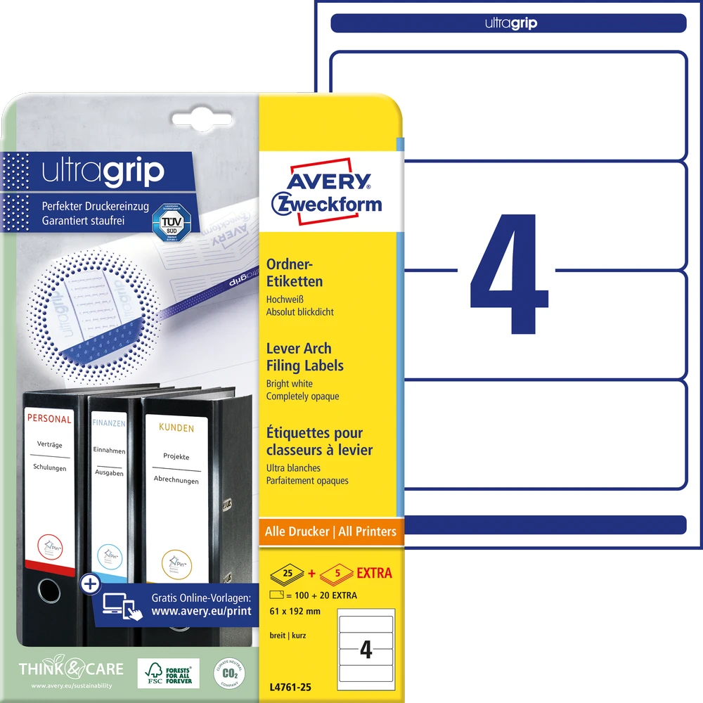 Lipnios etiketės segtuvams Avery Zweckform, A4, 192x61mm, pakuotėje 25 lapai, baltos spalvos