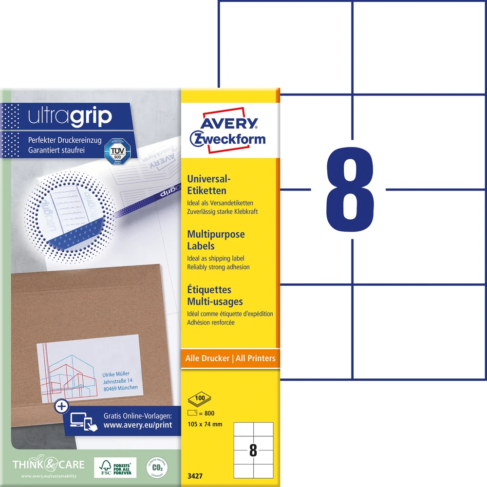Avery Lipnios etiketės Zweckform, 105x74mm, 8 etiketės lape, be rėmelio, 100 lapų, baltos spalvos