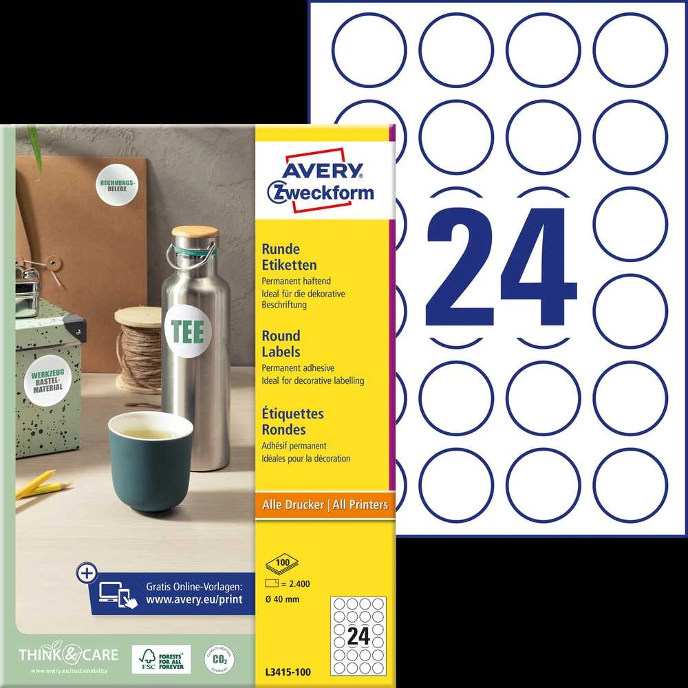 Avery Lipnios etiketės Zweckform L3415, 40mm, A4, apvalios, 100 lapų, baltos spalvos