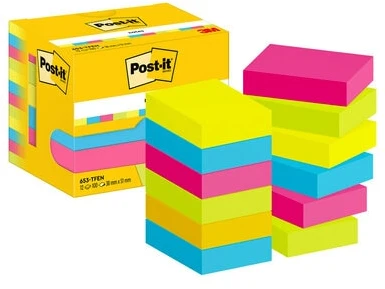 Lipnūs lapeliai 3M Post-it® Energetic, 38mmx51mm, 12 vnt. po 100 lapelių, neoninės spalvos