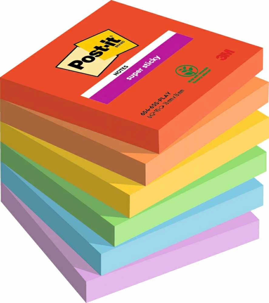 Lipnūs lapeliai 3M Post-it® Super Sticky Playful 76mmx76mm, 6vnt. po 90 lapelių