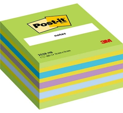 3M Lipnūs lapeliai Post-it Ledinukai kubas, 76 x 76 mm, 450 lapelių, neoninių melsvų spalvų derinys