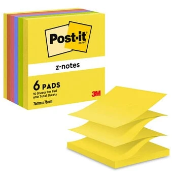 Lipnūs lapeliai Post-it Z-Notes, 76x76mm, neoninių spalvų, 6 vnt.