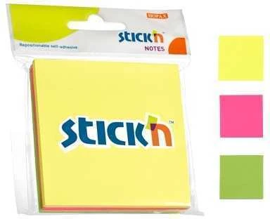 Stickxb4N Lipnūs lapeliai Stick´N 21093, 76x76mm, 3x50 lapelių, 3 neoninės spalvos, blisteryje