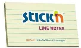 Stickxb4N Lipnūs lapeliai Stick´N, 76x127mm, 100 lapelių, geltonos spalvos, linijomis