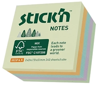 Stickxb4N Lipnūs lapeliai StickN 21888 FSC 51x51mm, 240 lapelių, pastelinės spalvos