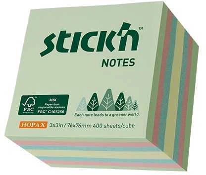 Stickxb4N Lipnūs lapeliai StickN 21891 FSC 76x76mm, 400 lapelių, pastelinės spalvos