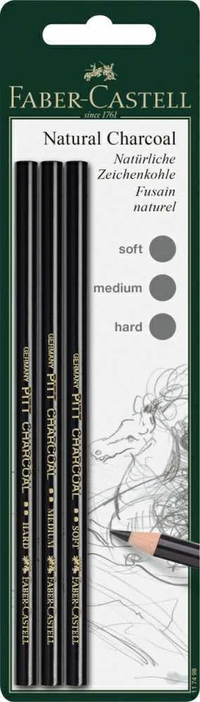 Medžio anglies pieštukų rinkinys Faber-Castell PITT, S, M, H, 3vnt