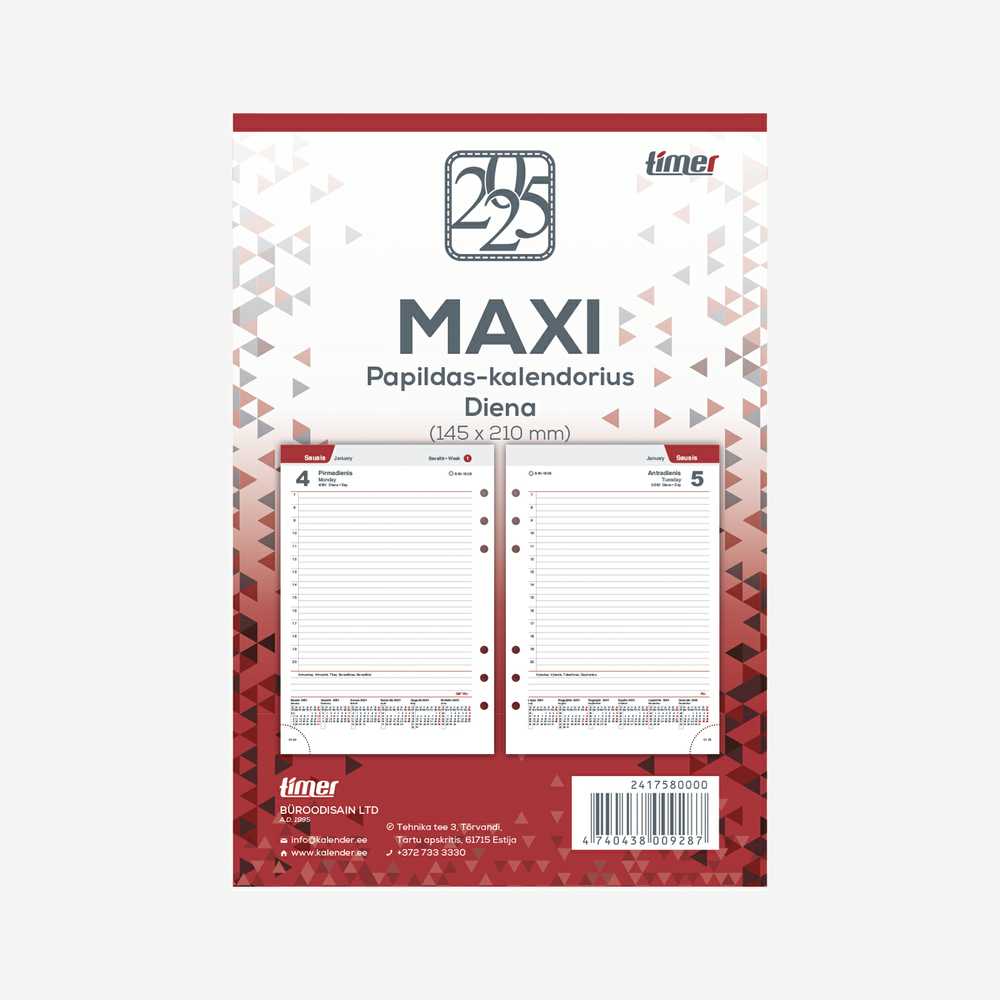 Timer Vidaus blokas kalendoriui MAXI DAY organizer A5, 2027