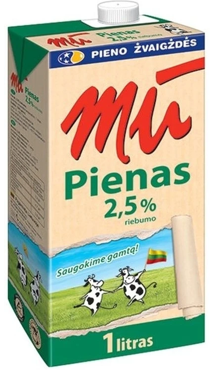 Pienas MŪ 2,5% riebumo, pasterizuotas, 1 L x 12 vnt