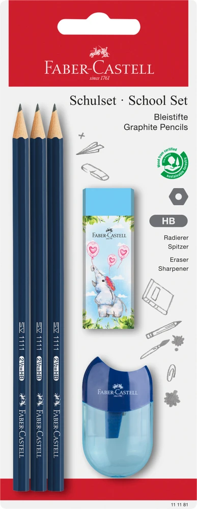Pieštukų rinkinys Faber-Castell 1111 HB, 3 pieštukai, drožtukas ir trintukas, įvairių spalvų