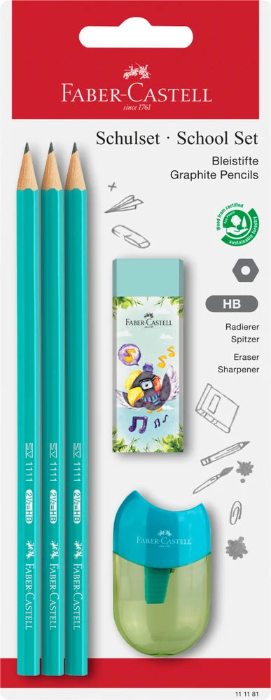 Pieštukų rinkinys Faber-Castell 1111 HB, 3 pieštukai, drožtukas ir trintukas, įvairių spalvų