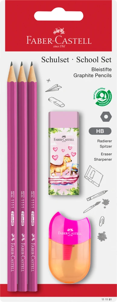 Pieštukų rinkinys Faber-Castell 1111 HB, 3 pieštukai, drožtukas ir trintukas, įvairių spalvų
