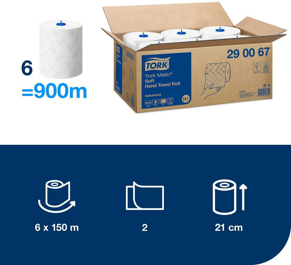 Popieriniai rankšluosčiai Tork Matic Soft Advanced H1 (290067), 2 sluoksniai, baltos spalvos, 150m, 612 lapelių