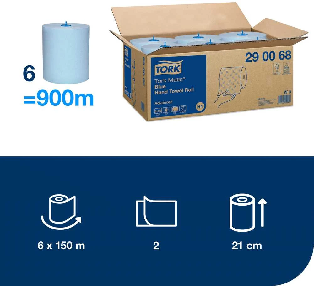 Mėlyna Popieriniai rankšluosčiai Tork Matic Soft Mėlyna Advanced H1 (290068), 2 sluoksniai, melsvos spalvos, 150m, 612 lapelių