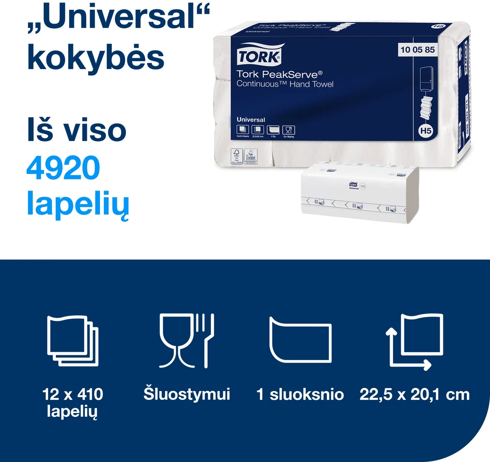 Popieriniai rankšluosčiai Tork PeakServe Continuous H5 (100585), 1 sluoksnio, baltos spalvos, lapeliais