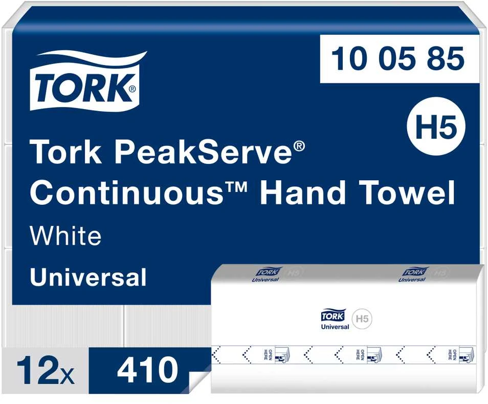 Popieriniai rankšluosčiai Tork PeakServe Continuous H5 (100585), 1 sluoksnio, baltos spalvos, lapeliais