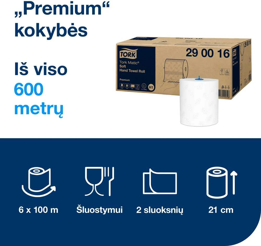 Popieriniai rankšluosčiai Tork Premium Matic Soft H1 (290016), 2 sluoksniai, baltos spalvos, 100m, 408 lapeliai