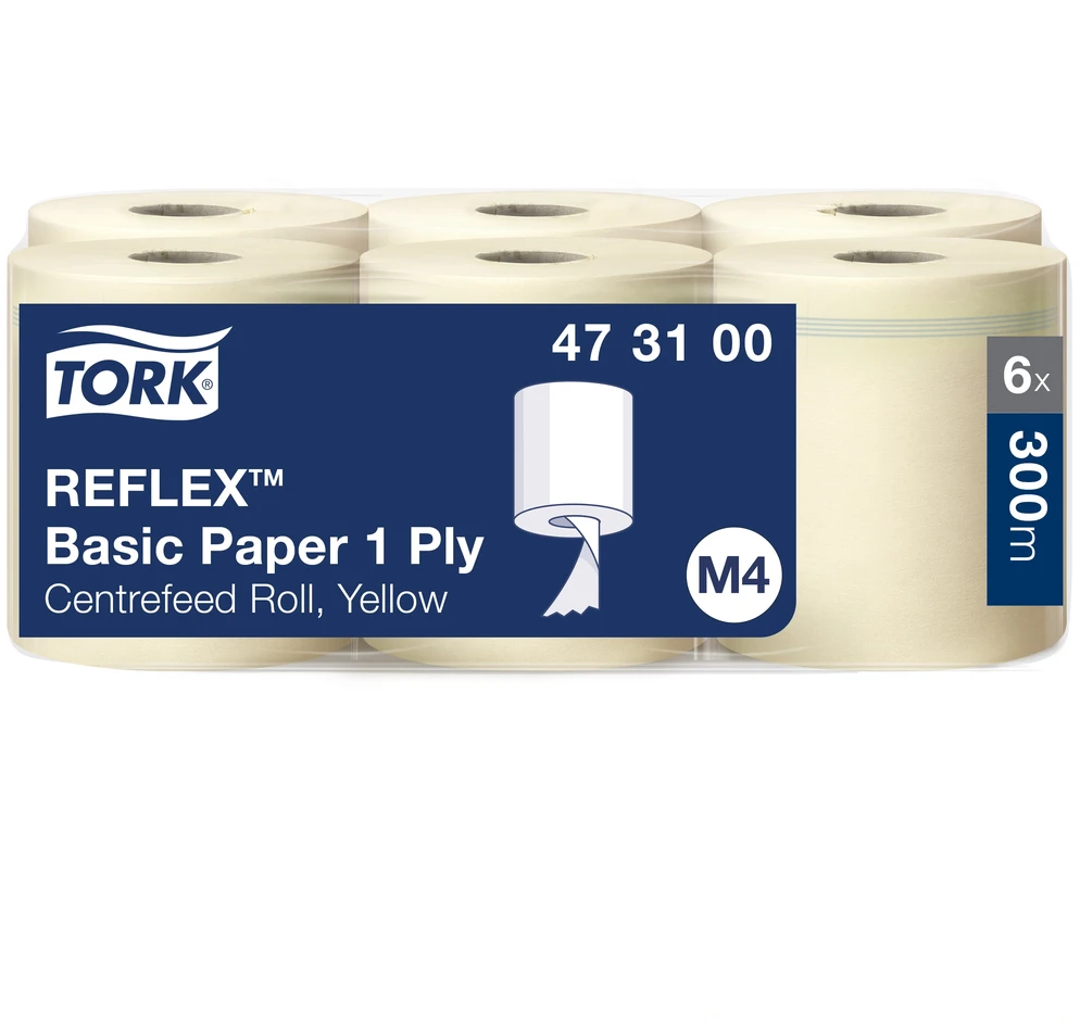 Popieriniai rankšluosčiai Tork Reflex Basic M4 (473100), 1 sluoksnis, gelsvos spalvos, 300 m, 857 lapeliai