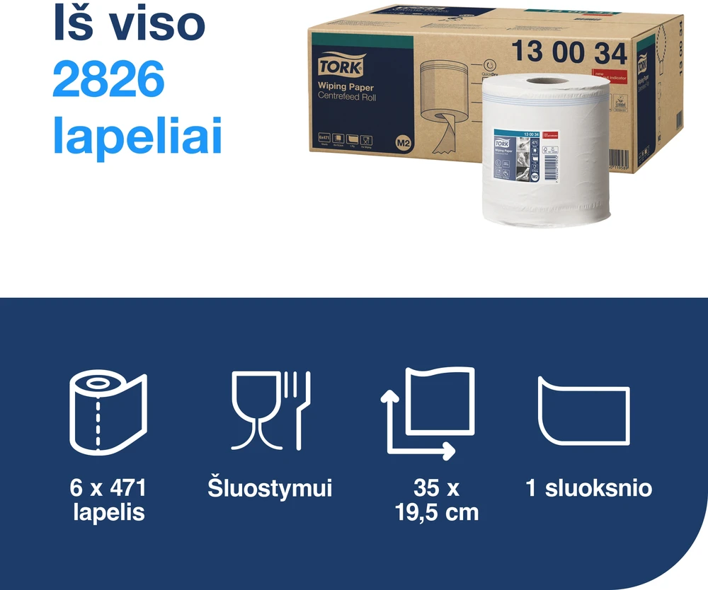 Popieriniai rankšluosčiai Tork Wiping Centerfeed M2 (130034), 1 sluoksnis, baltos spalvos, 165 m