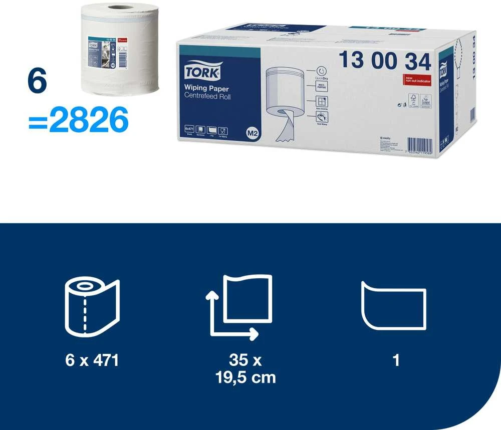 Popieriniai rankšluosčiai Tork Wiping Centerfeed M2 (130034), 1 sluoksnis, baltos spalvos, 165 m