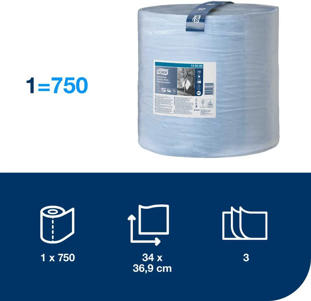 Pramoninis popierius Tork Industrial Heavy-Duty W1, 130080, 3 sluoksniai, mėlynos spalvos, 255m