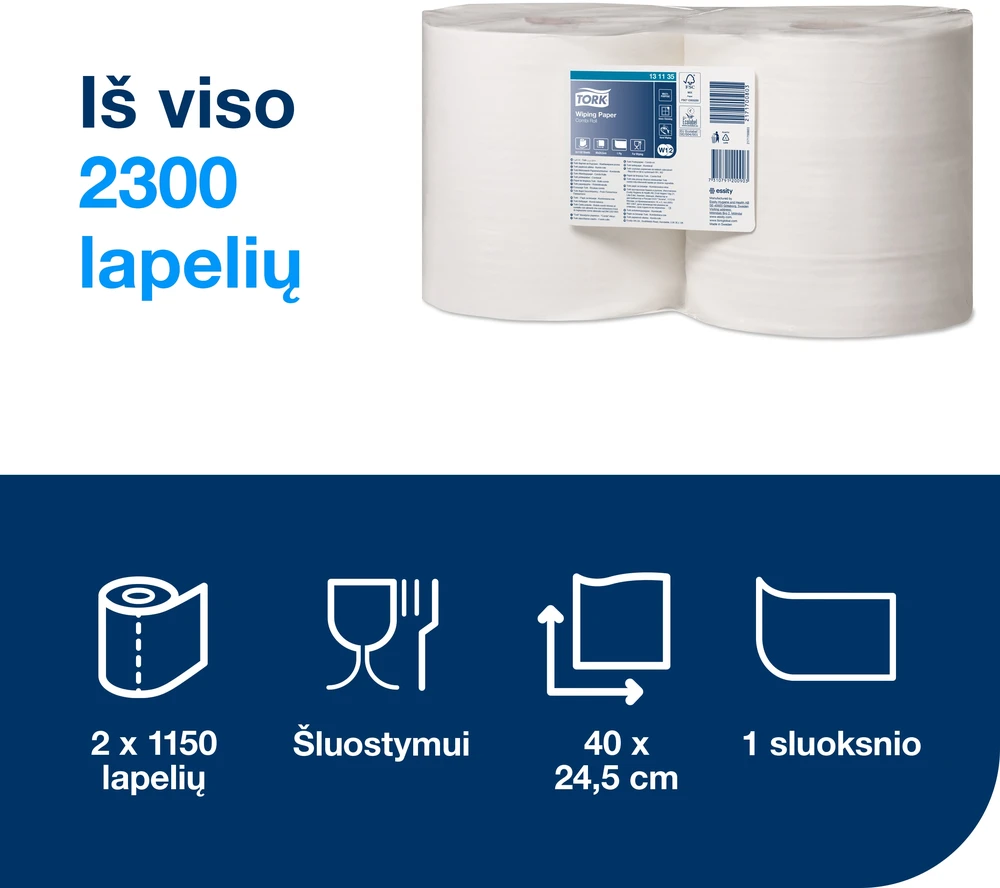 Pramoninis popierius Tork Wiper Advanced W1/W2, 460m, 1 sluoksnis, baltos spalvos, 131135