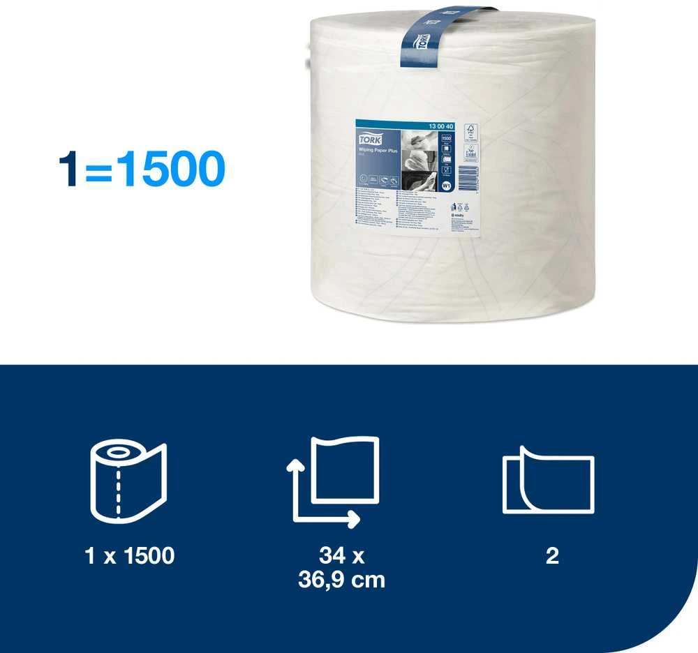 Pramoninis popierius Tork Wiper Plus Advanced W1, 130040, 2 sluoksniai, baltos spalvos, 510m