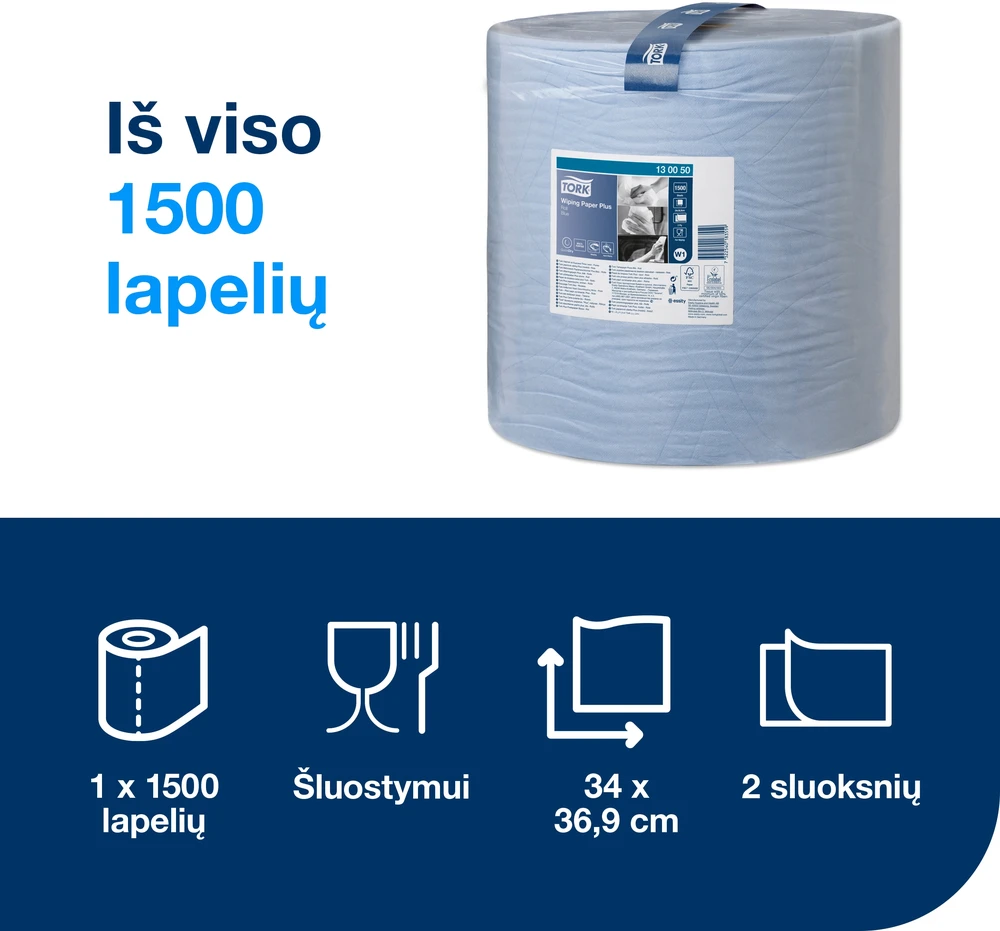 Pramoninis popierius TORK Advanced 420 W1, 130050, 2 sl, 1500 l., 36.9 cm x 510 m, mėlynos spalvos