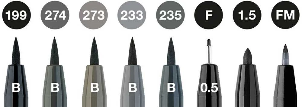Rašikliai piešimui Faber-Castell Pitt Artist Pen Juodas&Pilkas, 8vnt