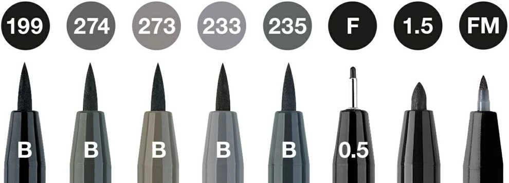 Rašikliai piešimui Faber-Castell Pitt Artist Pen Juodas&Pilkas, 8vnt