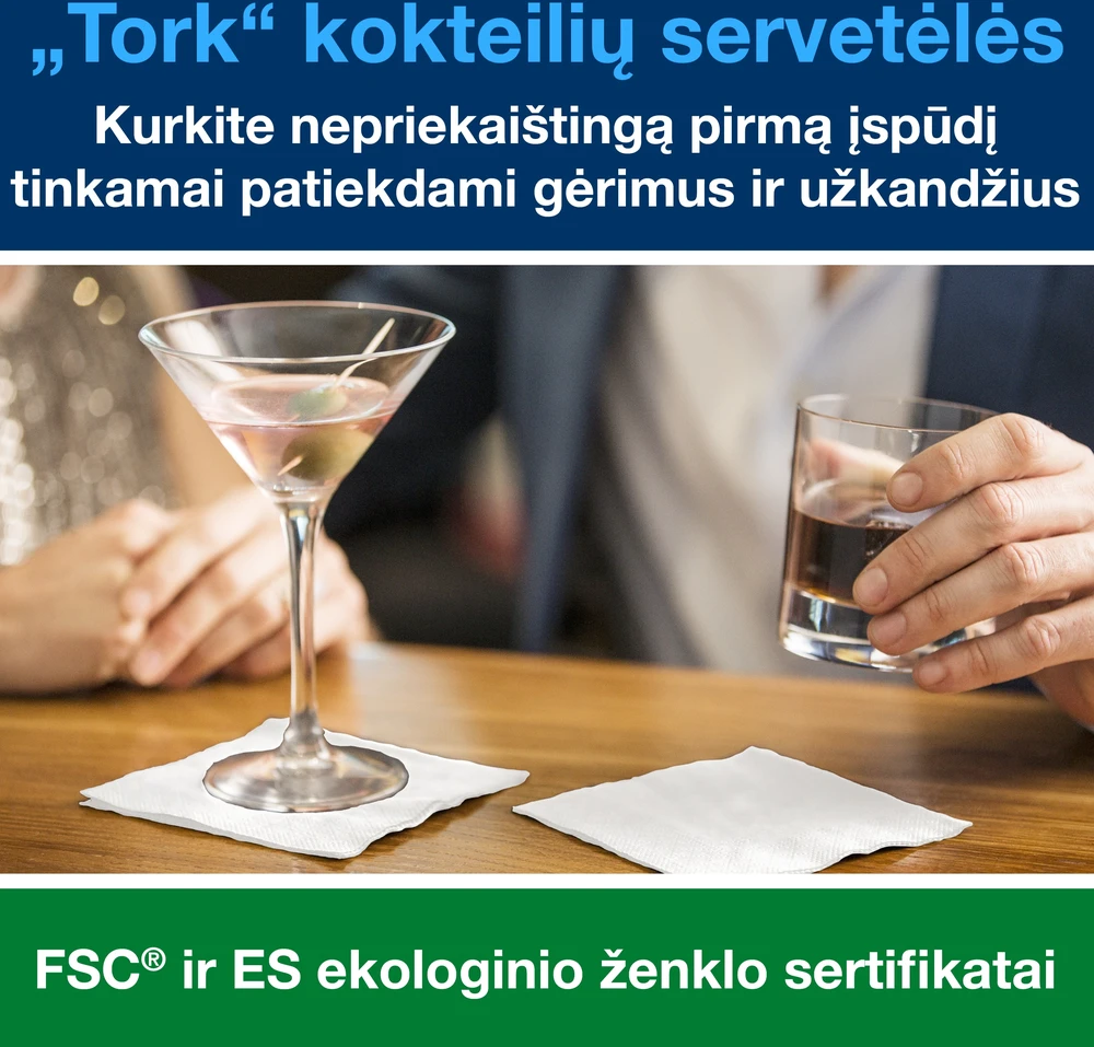 Servetėlės Tork (477534), kokteilių servetėlės, 2 sluoksniai, 200vnt., baltos spalvos
