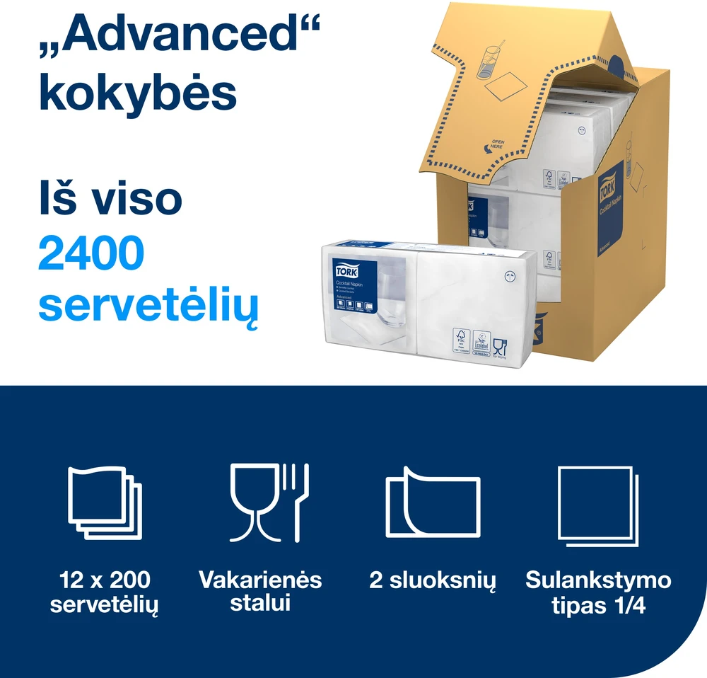 Servetėlės Tork (477534), kokteilių servetėlės, 2 sluoksniai, 200vnt., baltos spalvos