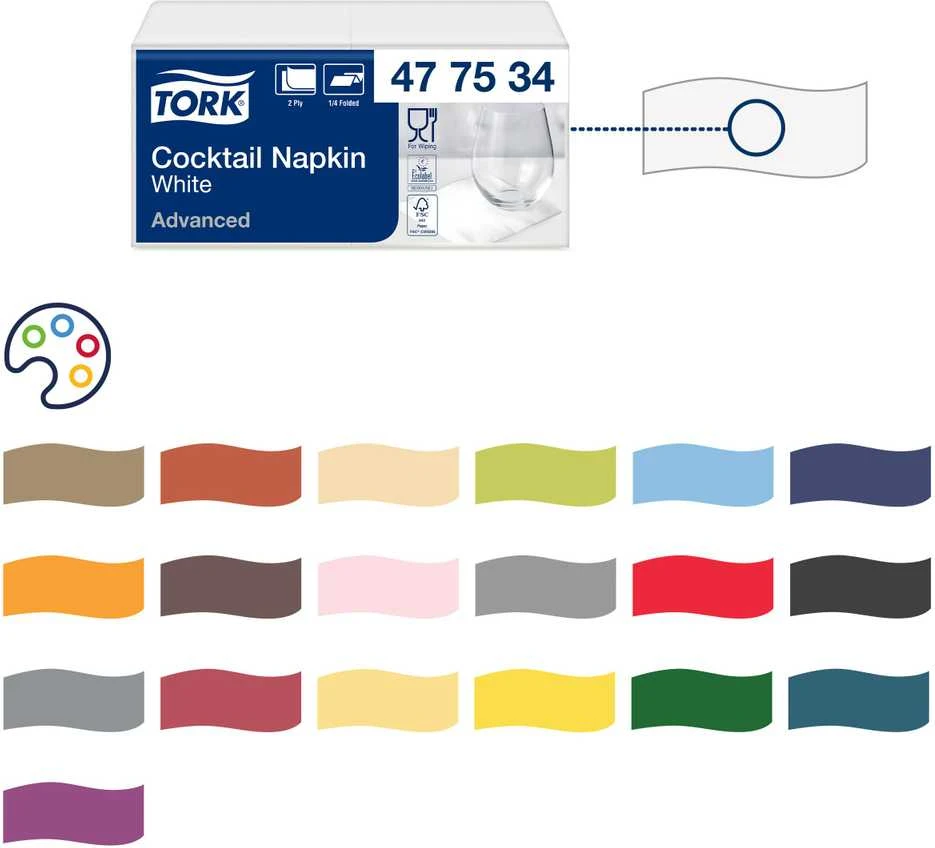 Servetėlės Tork (477534), kokteilių servetėlės, 2 sluoksniai, 200vnt., baltos spalvos